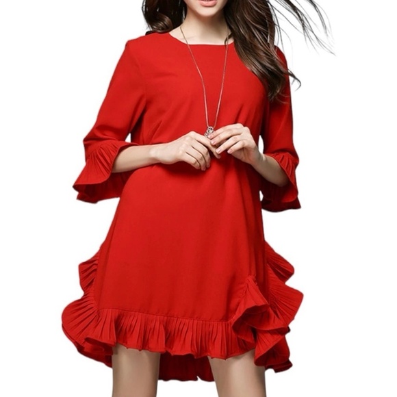 Joseph Ribkoff lipstick red tunic mini dress pleated ruffle hem & sleeves size 8